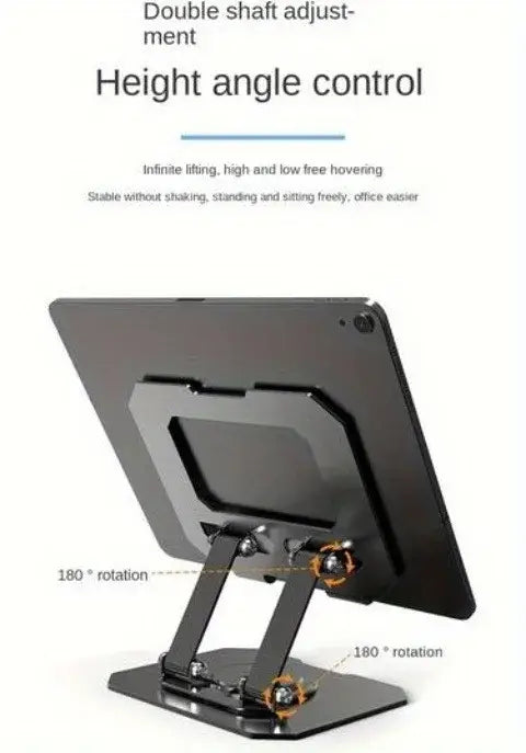 black metal tablet stand with adjustable height and 180-degree rotation for versatile positioning suitable for 4.7 to 12 inch devices