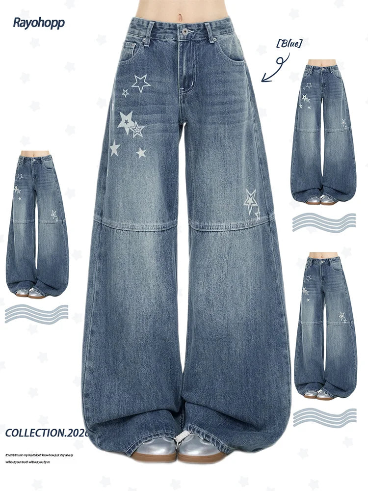 Women's Blue Casual Denim Jeans Baggy Y2K Harajuku High Street Fashion 2000S Style Cute Retro Wide Leg Jeans Long Pants Clothing