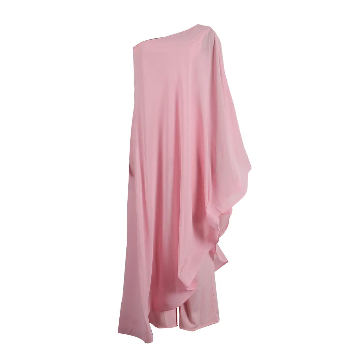 Ein fließendes zartrosa Chiffonkleid mit asymmetrischem einseitigem Schulterdesign und locker drapierter Silhouette, ideal für eine elegante Veranstaltung im Stil eines weißen Chiffon-Rompers