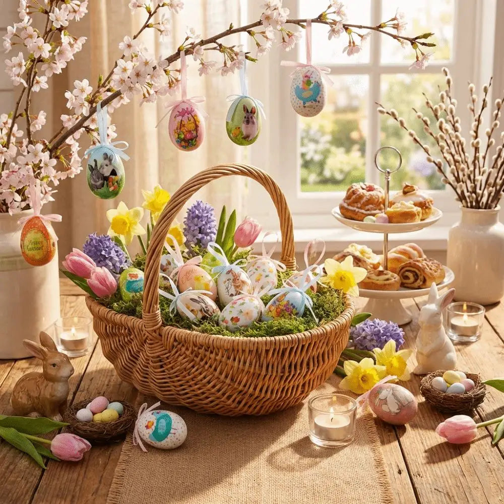 Ein geflochtener Osterkorb aus Weidengeflecht, gefüllt mit bunten, bemalten Formschaum-Ostereiern-Anhängern und frischen Frühlingsblumen.