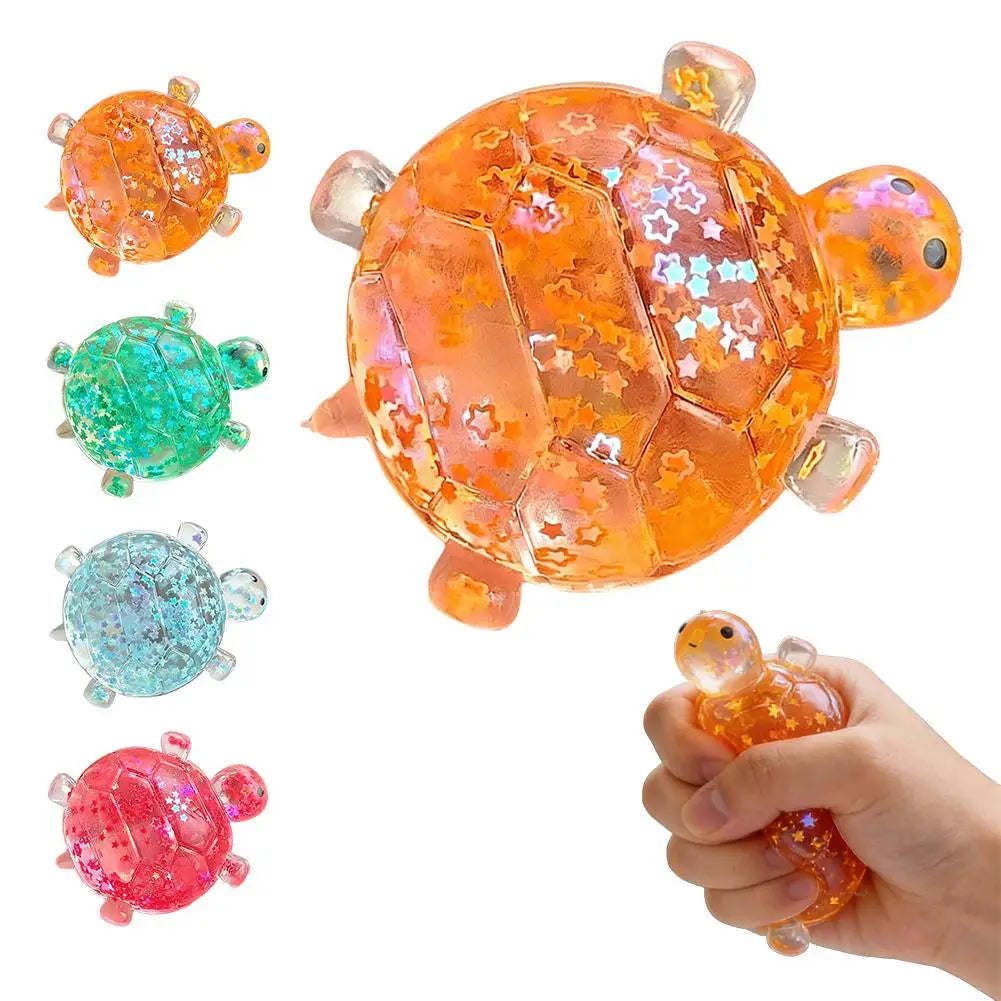 Ein orangefarbenes, glitzerndes Schildkröten-Spielzeug-Fidget-Spielzeug mit weichem Knautsch-/Quetsch-Touch und Sternmuster, für Stresslinderung und sensorisches Spiel