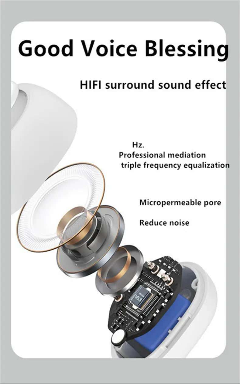 white wireless earbud earphone clip with a sleek modern design featuring metallic accents and an internal circuit board for high quality noise reduction in a bluetooth headset