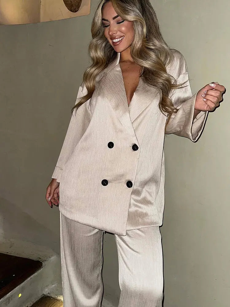 2024 Casual Blazer Pant Suit Women Long Sleeve Double Breasted Coats Wide Leg Trouser Lady Sets New Office Female Outfits