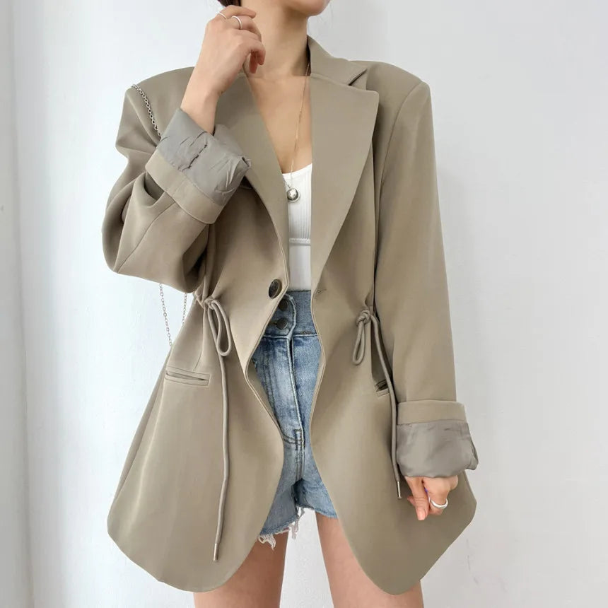 Casual Blazers Women Vintage Drawstring Waist Long Sleeve Outerwears Tailored Collar Coats Women Tops Office Lady Commuter Chic