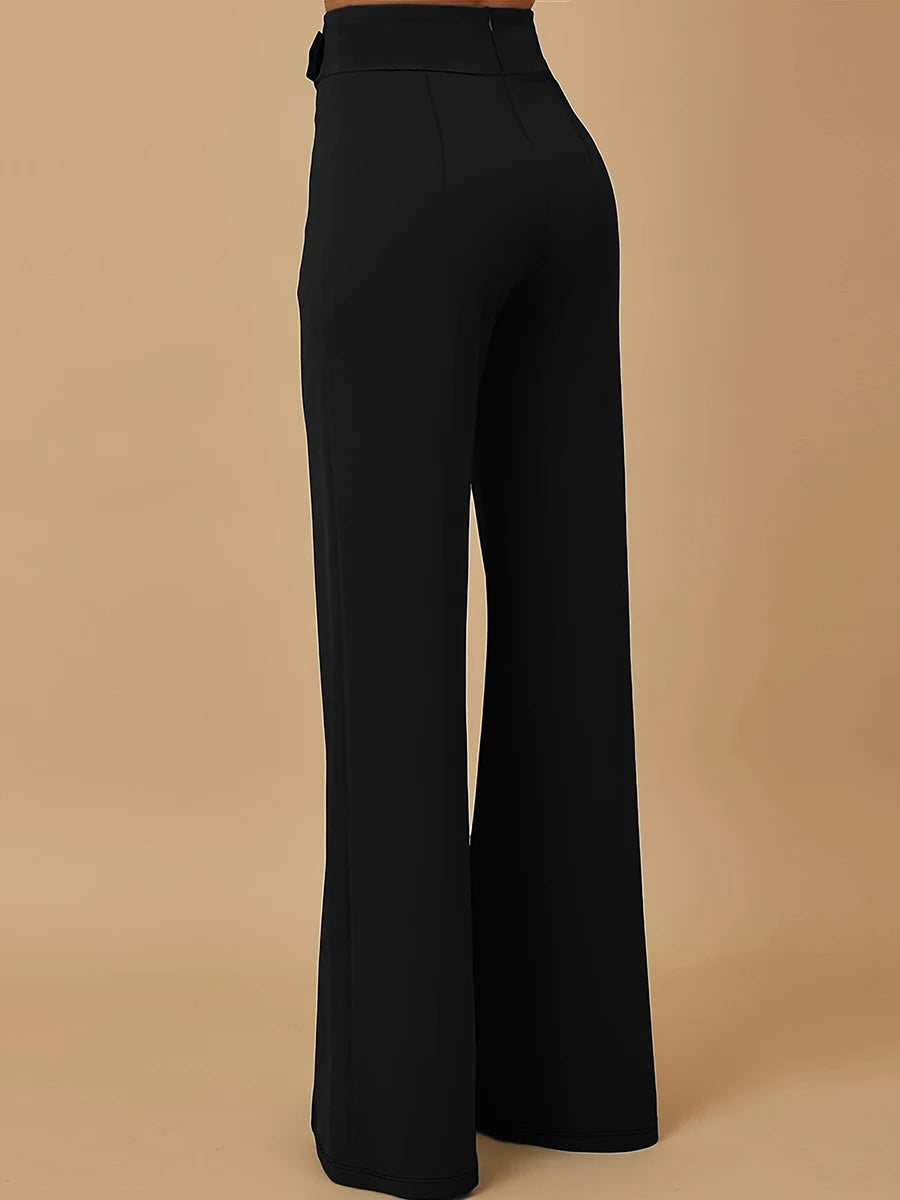 Wide Leg High-Waisted Trousers for Women, Elegant Black Office Pants with Gold Buckle, Professional Business Formal Trousers