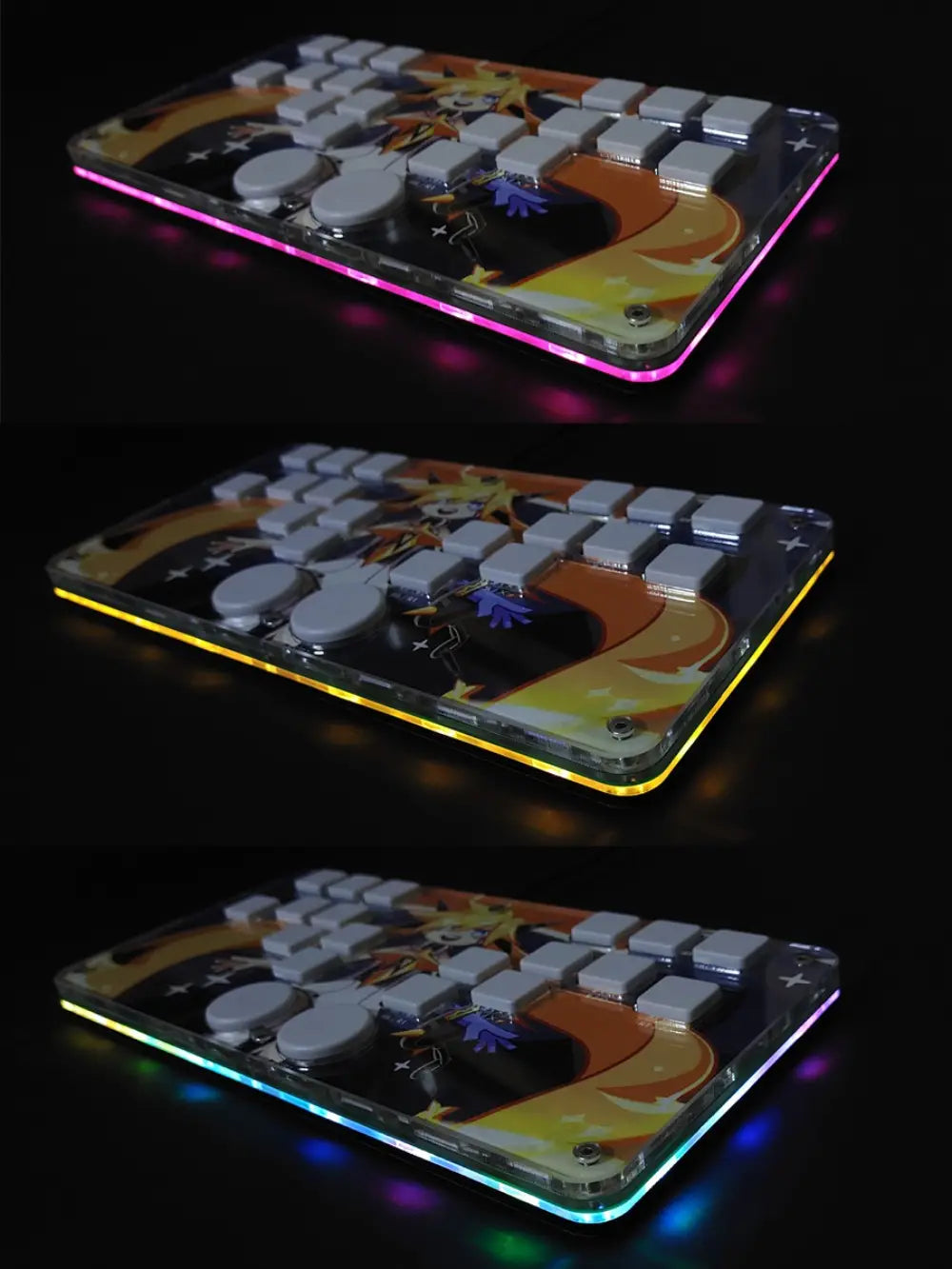 djmax mechanical gaming keyboard with white keycaps features a transparent design with a colorful anime character and rgb backlighting including left joystick support and joystick moves via a data cable.
