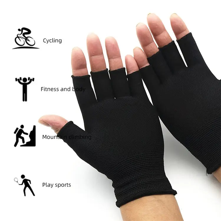 Guantes de punto sin dedos negros hechos de una tela elástica, diseñados para soporte atlético unisex de la muñeca en ciclismo, fitness y entrenamientos corporales, mostrando el lado posterior del producto.