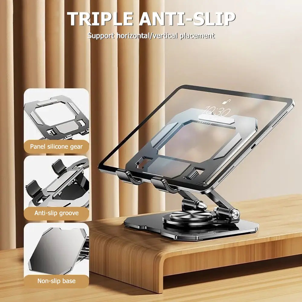 silver metallic rotatable tablet stand adjustable foldable with triple anti-slip design featuring silicone gear, anti-slip groove, and non-slip base