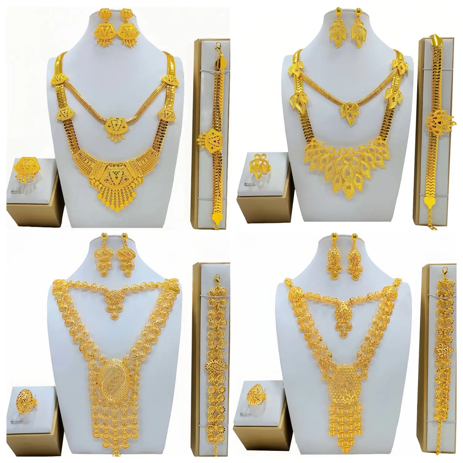 Juego de joyería de pedida nupcial con filigrana dorada, con collares dorados superpuestos de diseño de filigrana intrincado y colgantes colgantes, acompañado de pendientes a juego.