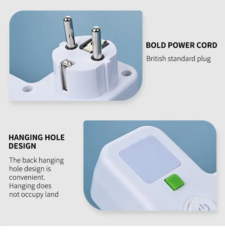 white plastic wall charger socket with usb ports featuring a british standard plug and green power button