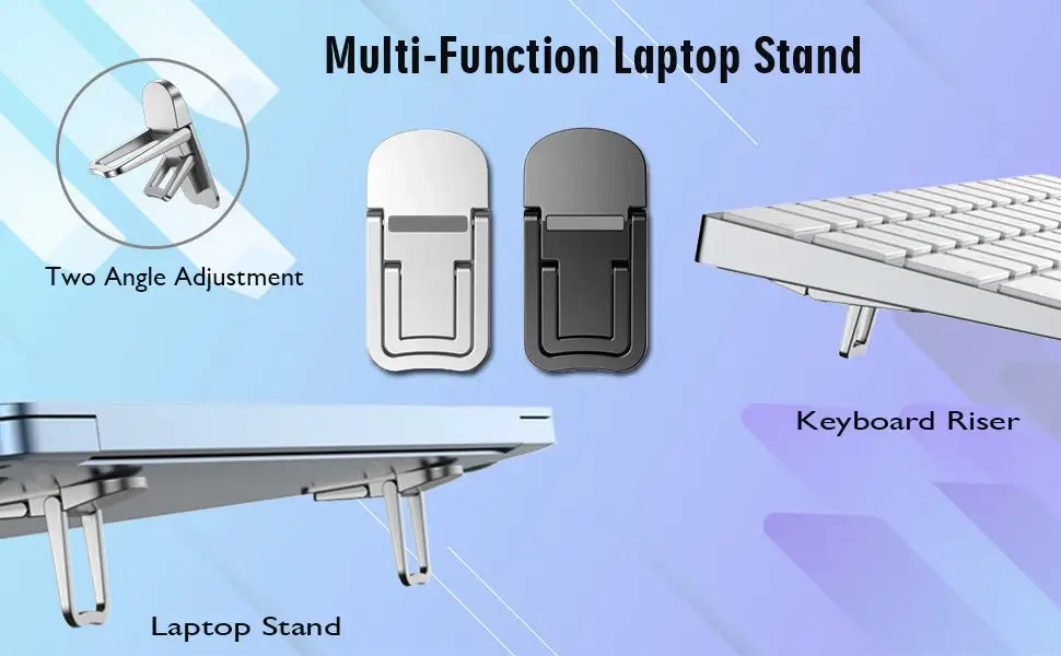 Silver and black multi-function portable foldable laptop stand made of sturdy metal with adjustable angles for ergonomic use.