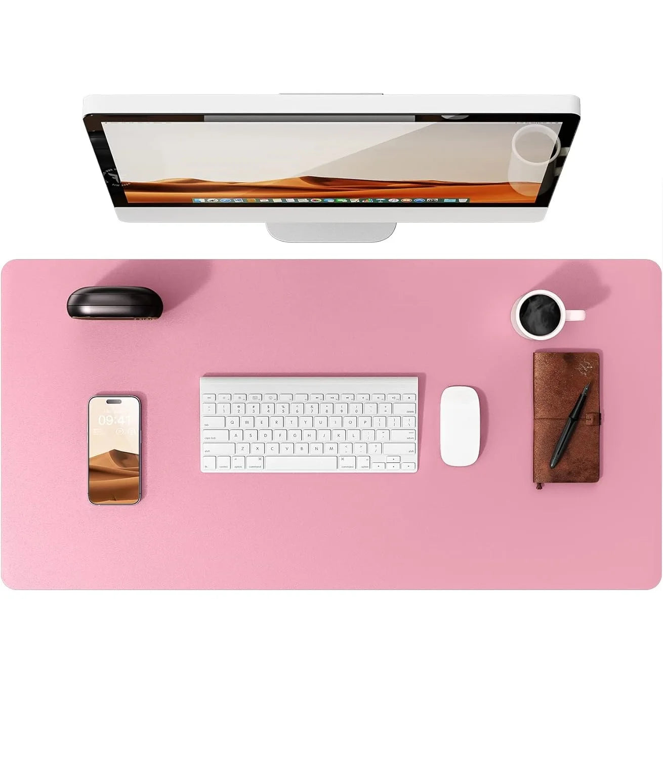 Pink leather desk mat with large smooth waterproof surface and subtle texture designed as an office pad protector for modern workspaces