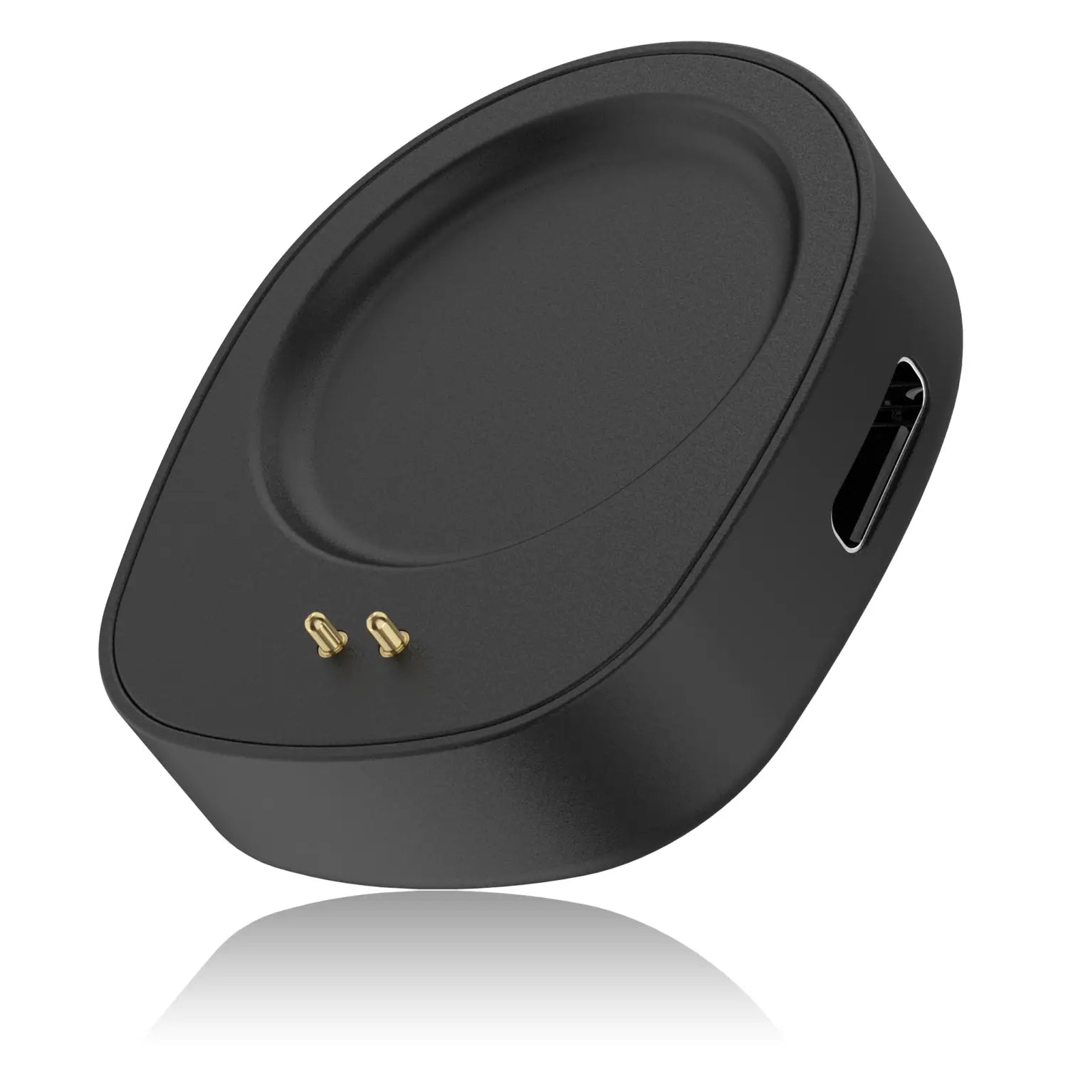 convertidor negro de cargador inalámbrico para relojes inteligentes Amazfit con clavijas de contacto en color dorado y puerto USB-C visible en el reverso.