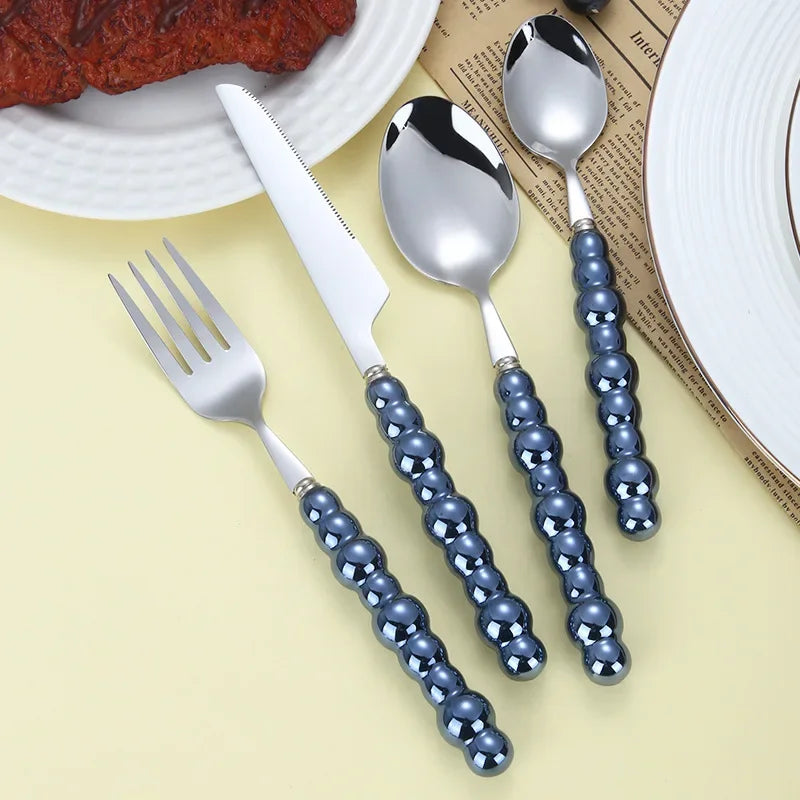 4Pcs/Set Luxury Dinnerware Stainless Steel Spoon and Fork Ceramic Pearl Handle Western Silver Cutlery High-looking Tableware