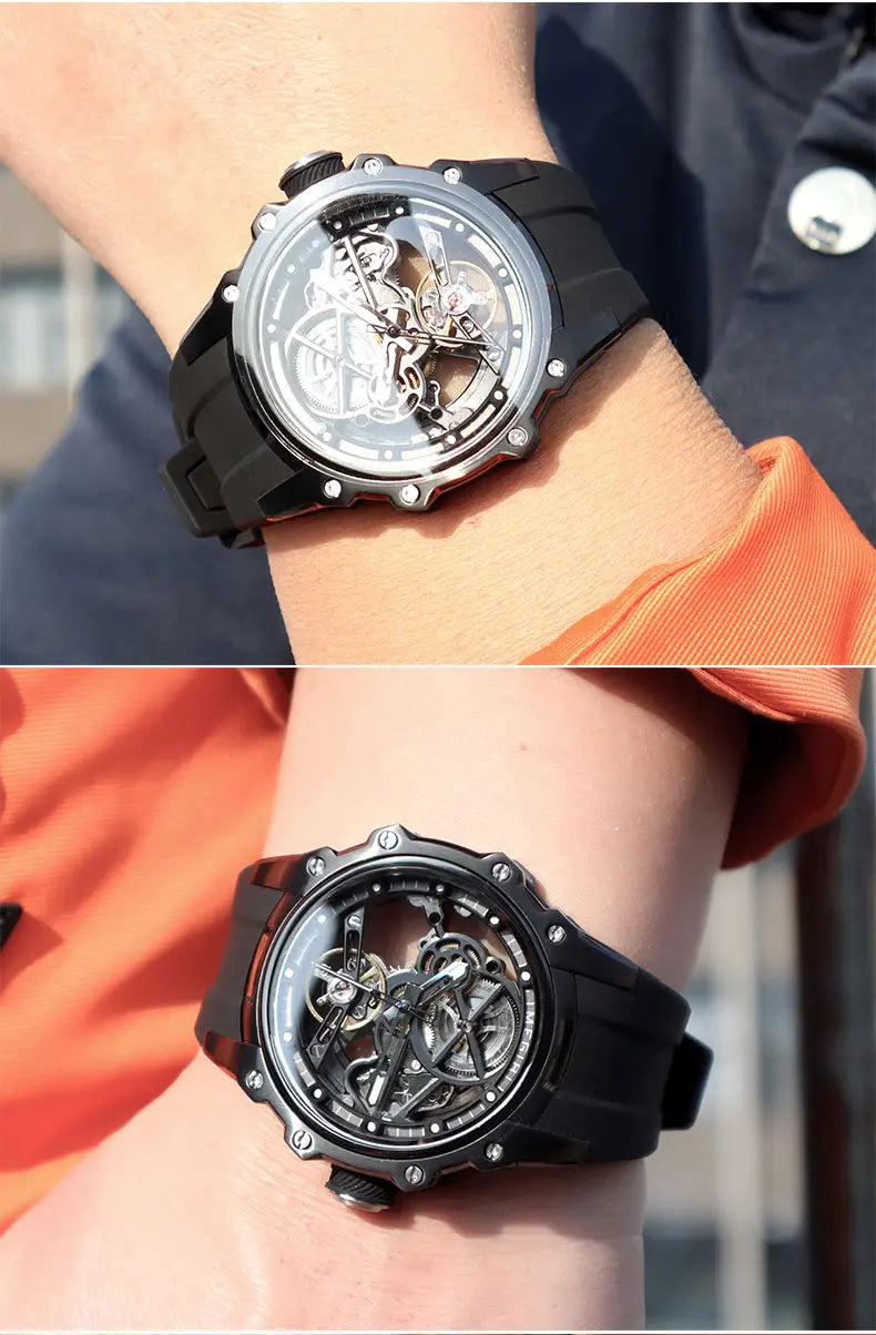 Megir automatic skeleton watch with black rubber strap and transparent face revealing intricate mechanical gears and components.