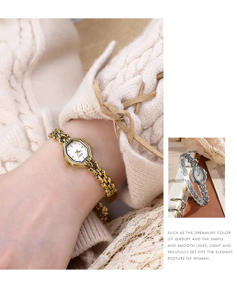 Gold-toned octagonal quartz watch for ladies featuring a delicate chain bracelet and a white dial as a luxury accessory.