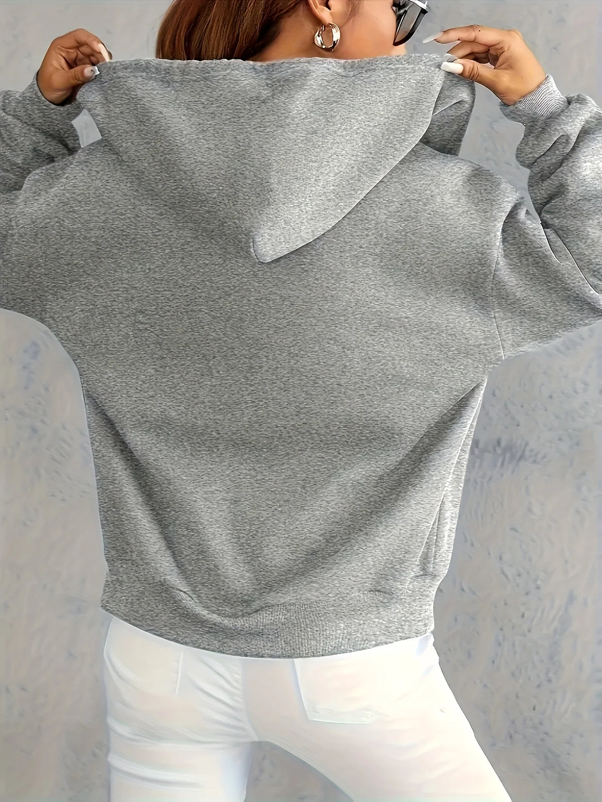 Women's Hoodie - Cozy Brown Zip-Up with White Print Casual Long Sleeve Sweatshirt  Drop Shoulder Design Relaxed Fit Winter W