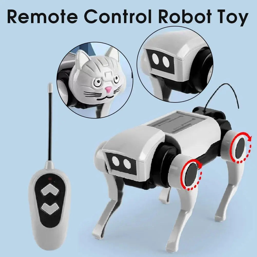 white and black mechanical cat robot toy with a walking electronic pet design and cat face for diy assembly
