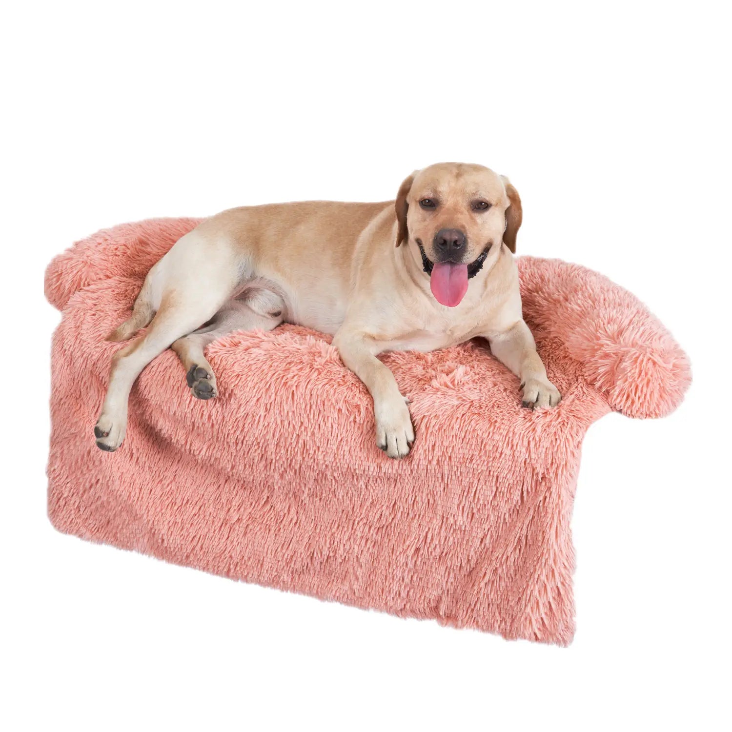 A plush pink faux-fur dog bed sofa with a cozy shaggy texture and soft rounded armrests designed as a washable warm nest.