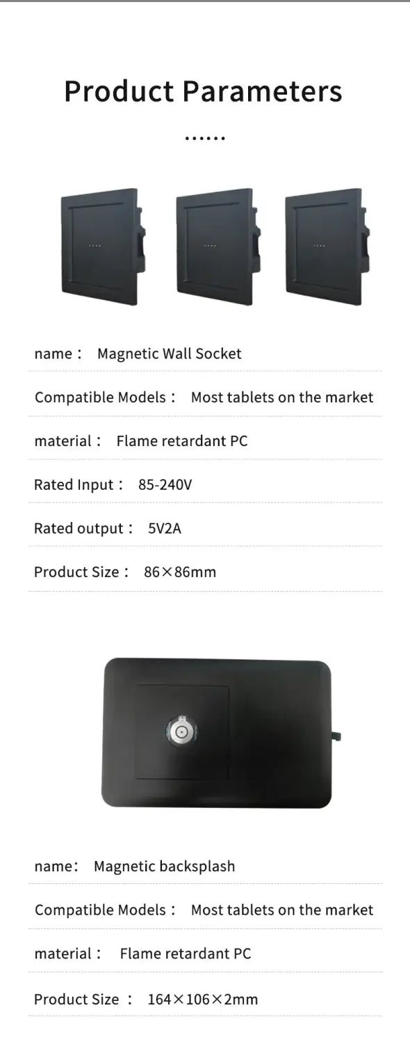black rectangular magnetic bracket wall mount and backsplash made of flame retardant pc material for tablet wall mount charger