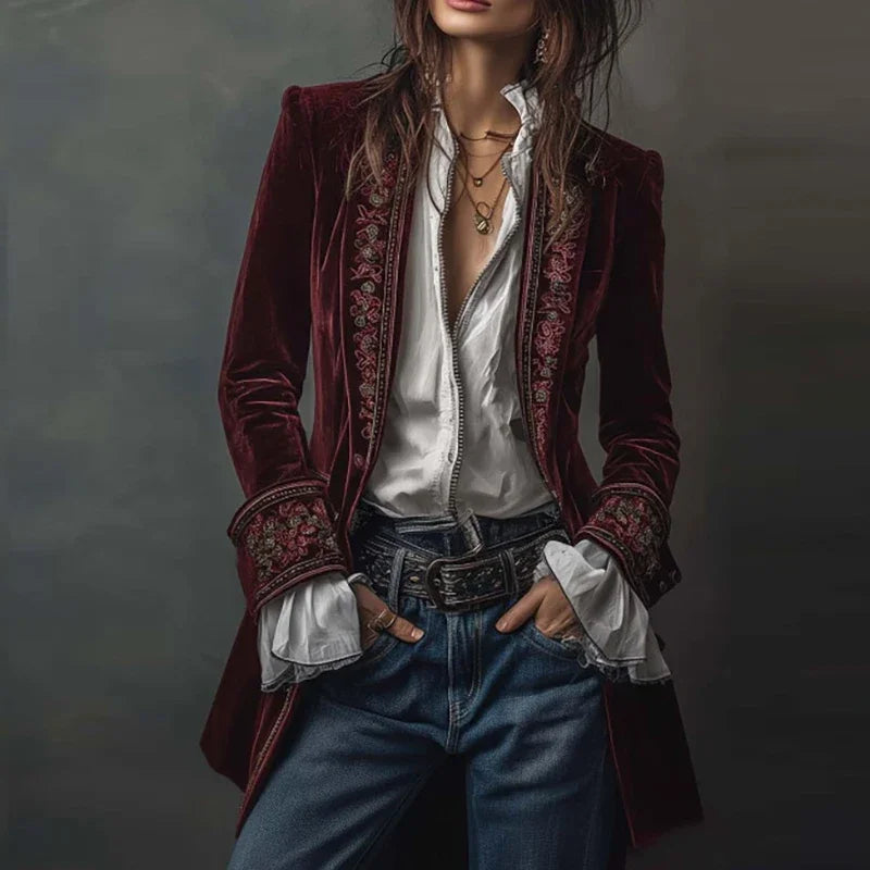 Vintage Ethnic Floral Print Velvet Women's Coat Fall Chic Stand Collar Slim Jacket Cardigan Winter Long Sleeve Female Outerwears