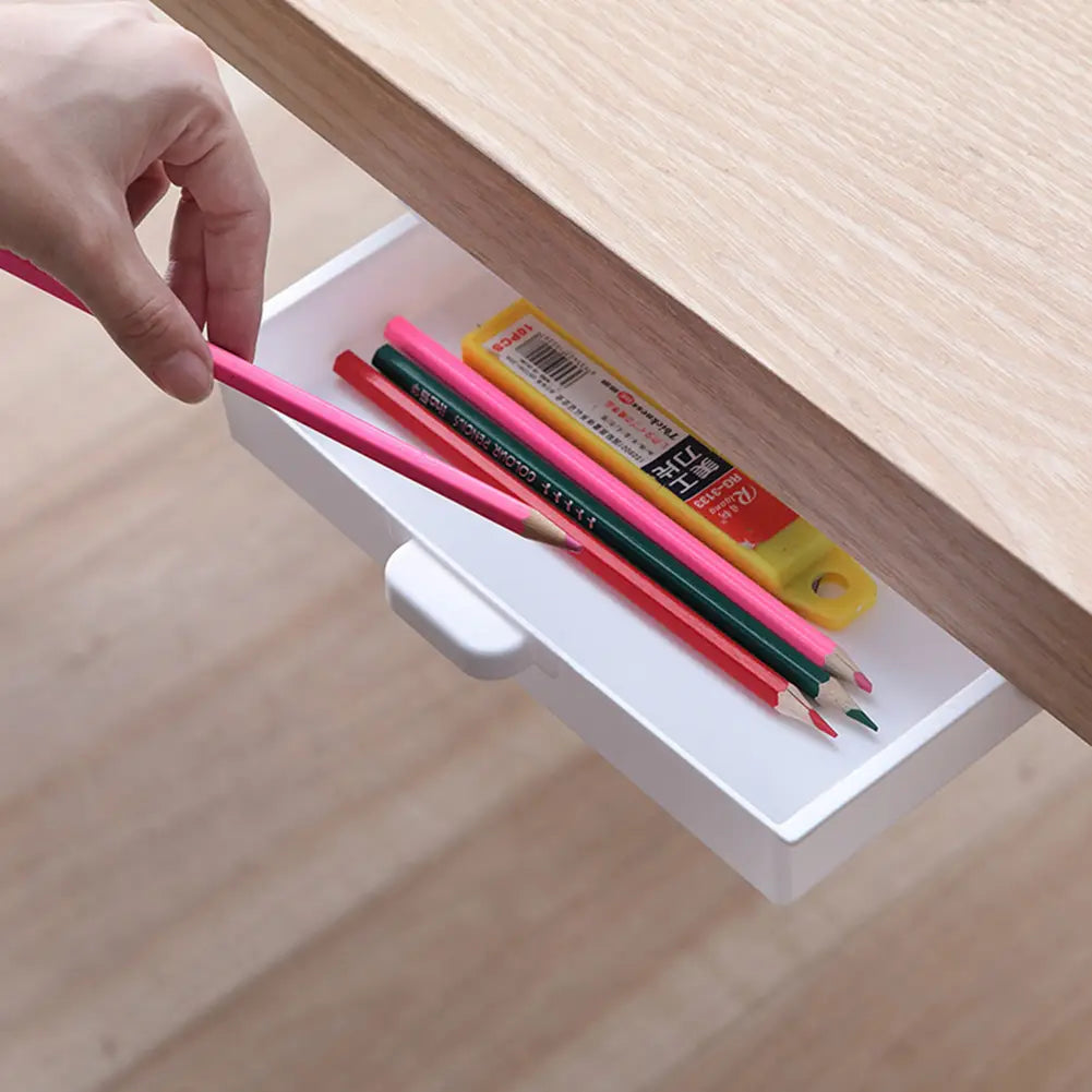 Boîte de rangement en plastique ABS blanche pour organisateur de tiroir sous bureau, contenant des crayons de couleur et un affûteur à crayons jaune