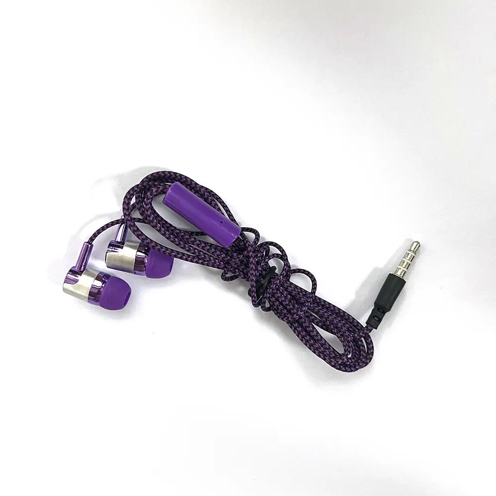 Wired in-ear headphones in purple and silver with a braided black-and-purple cable and an inline remote control designed for mobile phone use with bass stereo sound.