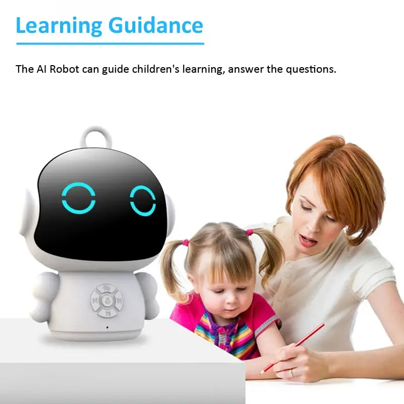 発光する青い円形の目を備えた白色および黒色のAI学習ロボットで、子どもの学習支援のために設計され、チャットモードおよびSmart Lifeアプリの機能に対応しています。