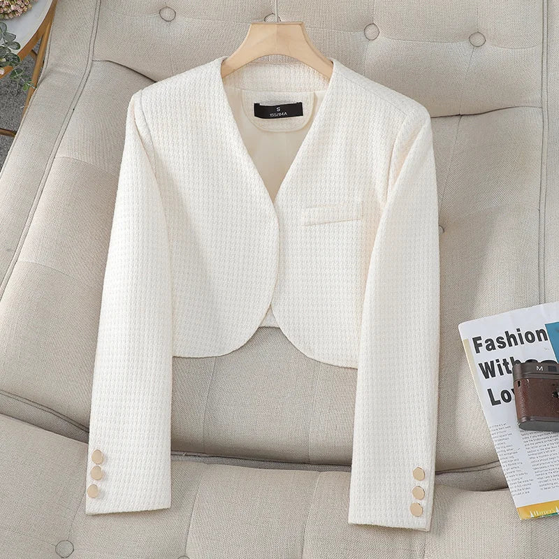 Fashion Women Formal Blazer Ladies White Blue Black Long Sleeve Cardigan Coat Work Wear Short Blazer Jacket Autumn Female Tops