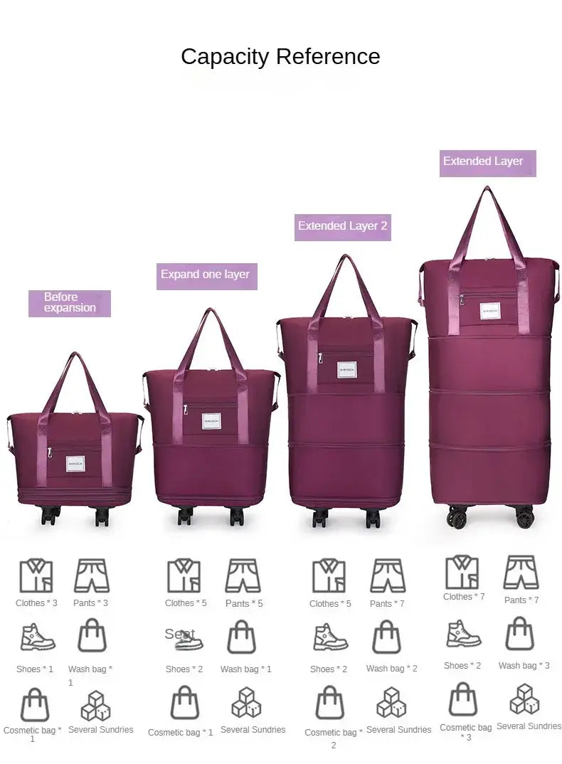 Un sac duffel roulant violet à grande capacité, conçu comme un sac à dos de voyage, avec quatre roues et des couches extensibles pour un rangement de voyage pratique.