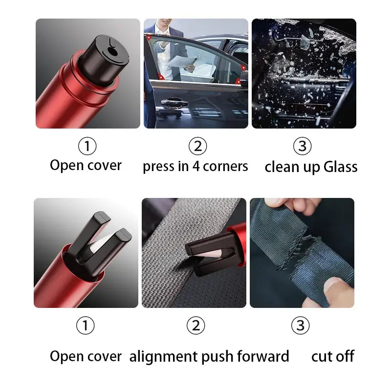 Herramienta limpiadora de vidrio para automóvil rojo y negro con mango cilíndrico y mecanismo de clip, incluida en el conjunto de martillo de emergencia para automóvil y rompecristales con cortador del cinturón de seguridad.