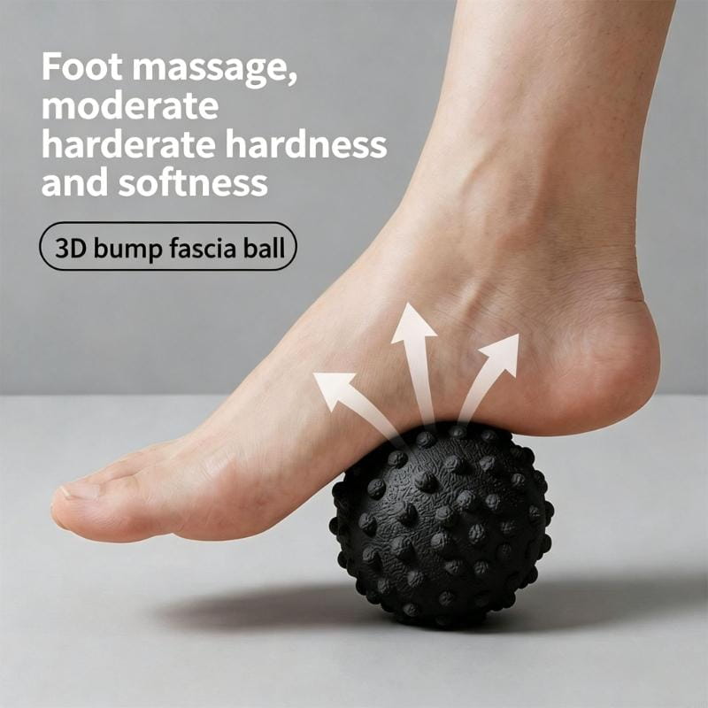 Black 3d bump fascia ball with textured surface for foot massage included in 6-in-1 ab roller wheel set with real time tracking.