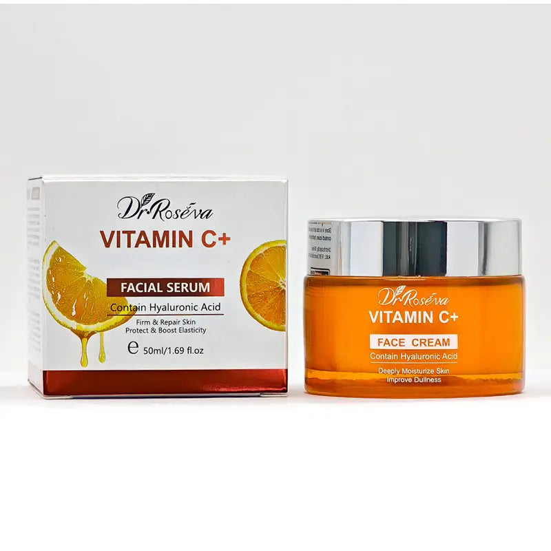 Dr vitamin c brightening skincare set featuring vibrant orange packaging designed to enhance skin radiance and brightness.