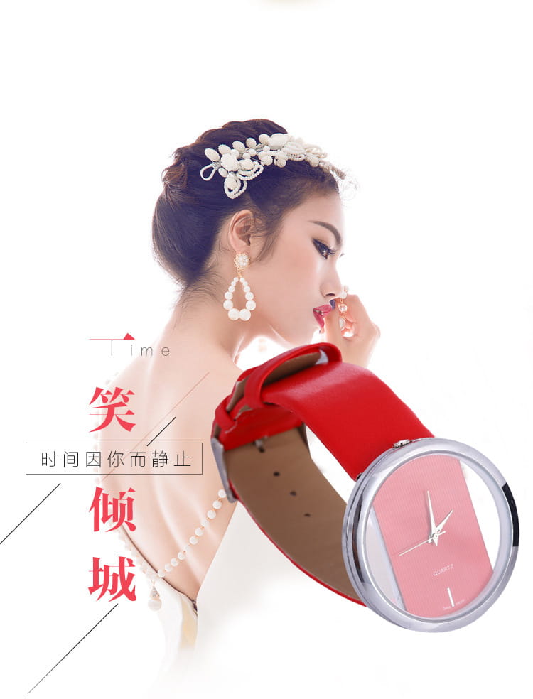 Women luxury leather quartz watch with a transparent dial featuring a red leather strap, pink face, and silver bezel.