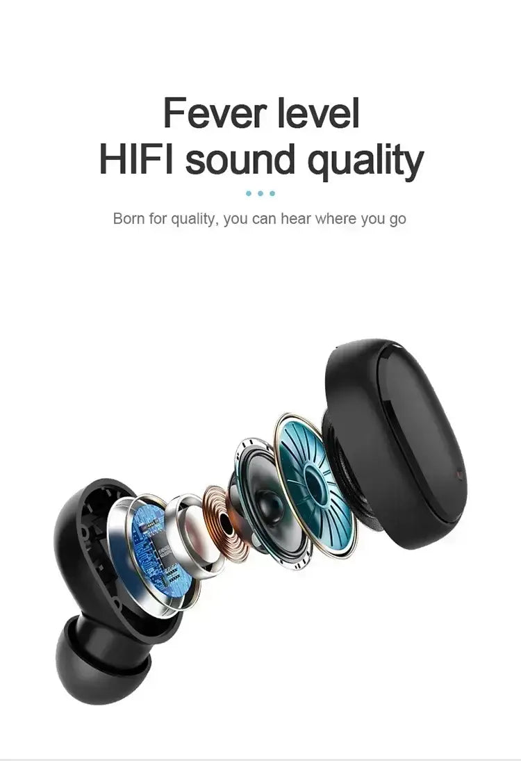 black wireless bluetooth earbuds with a sleek glossy finish and exposed internal component diagram highlighting hifi sound quality and featuring a polymer lithium battery with 280mah charging box and latest bluetooth version.