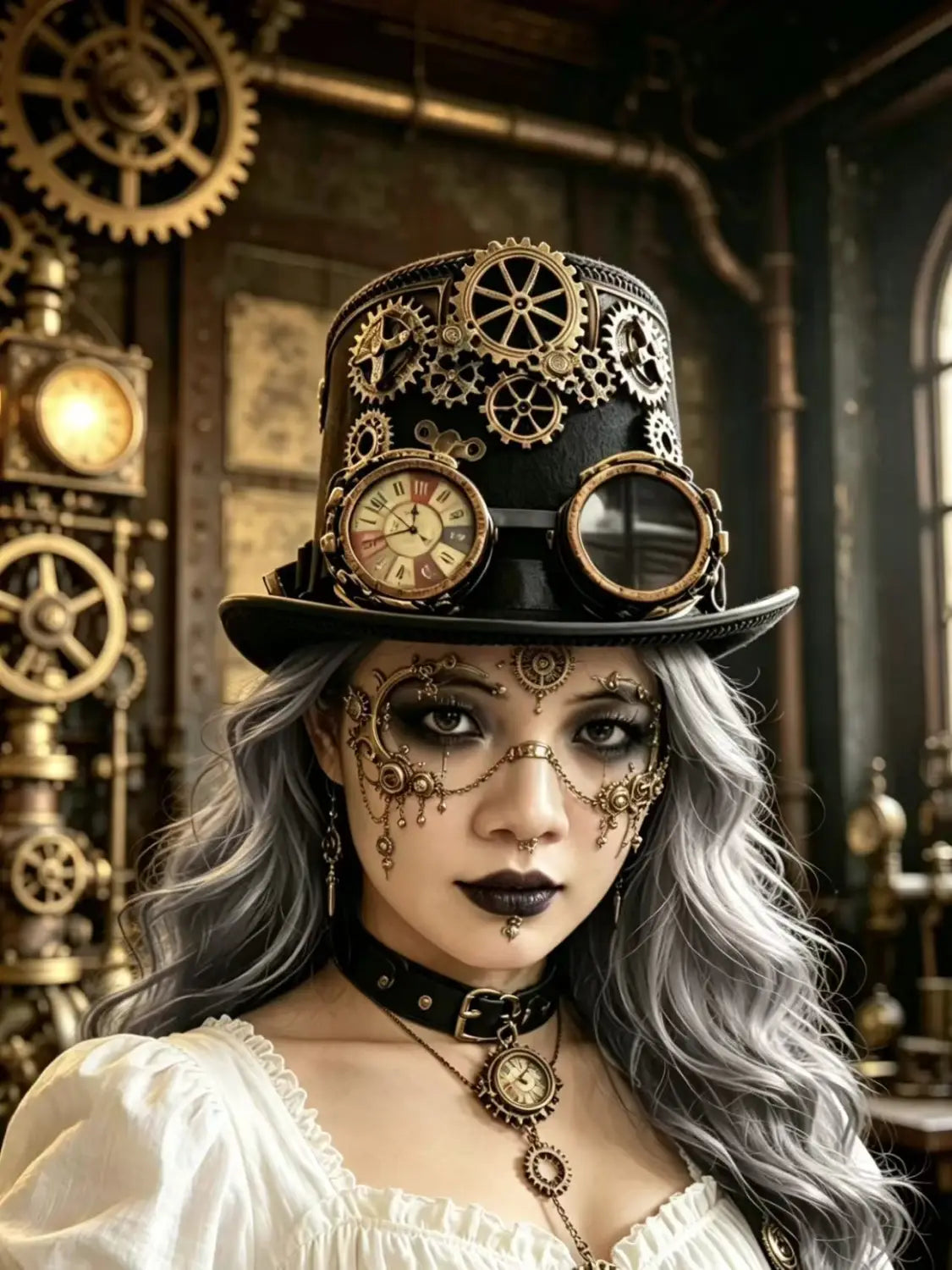 Black top hat adorned with brass gears and a clock face paired with matching steampunk goggles in a steampunk top hat with goggles and gears product.