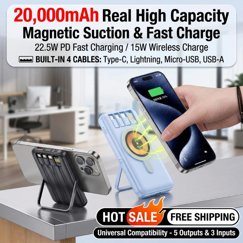 Magnetic Suction Wireless Charger 200000mAh Fast Charge Powerbank Built-in Stand Portable External Battery For Smartphone