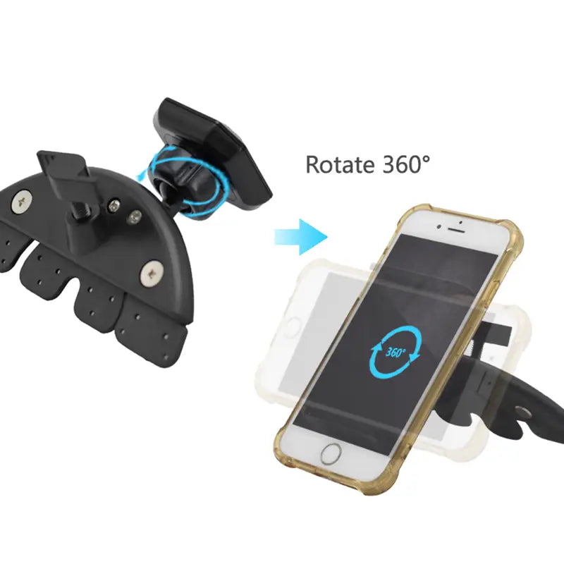 black 360-degree rotating mini car phone mount with magnetic cd slot, suction cup base, and adjustable arm for gps and iphone use