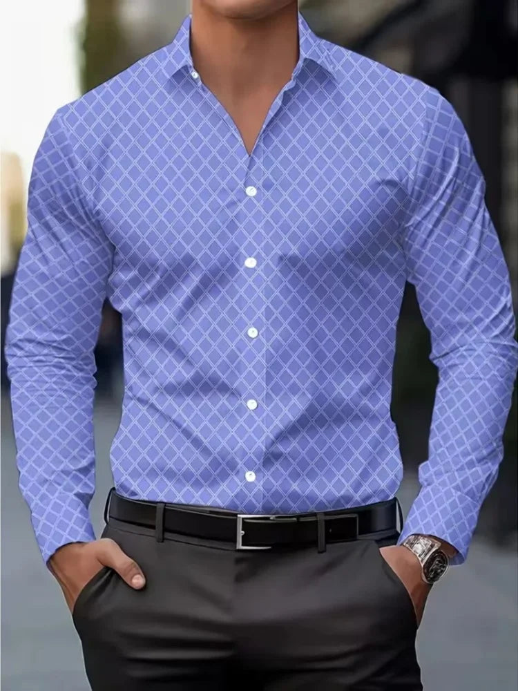 New Trendy Men's Long-Sleeve Shirt: Versatile Casual Top Featuring an All-Over Design of Gold Fleck Lines on a White Background