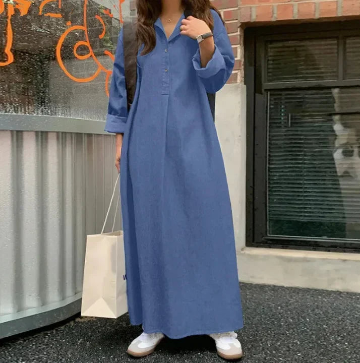 2026 Women's Casual Denim Dress Oversized Korean Vintage Robe Jeans Dress Streetwear Elegant Long Sleeve Solid Maxi Dress Female