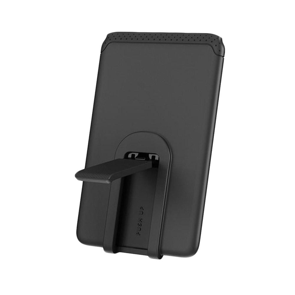 black textured silicone phone card holder with integrated stand shown from the back side for mobile phone use