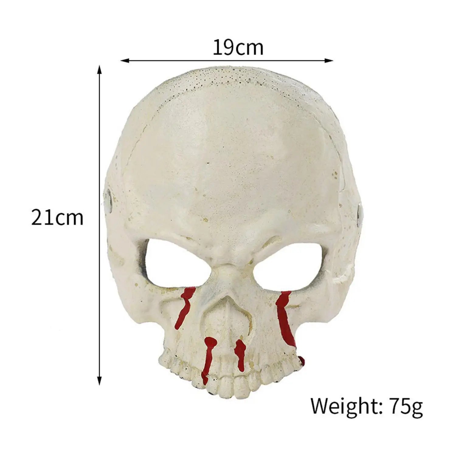 a white plastic halloween half face mask featuring red painted blood streaks on the cheeks and chin designed as a bloody skull costume prop