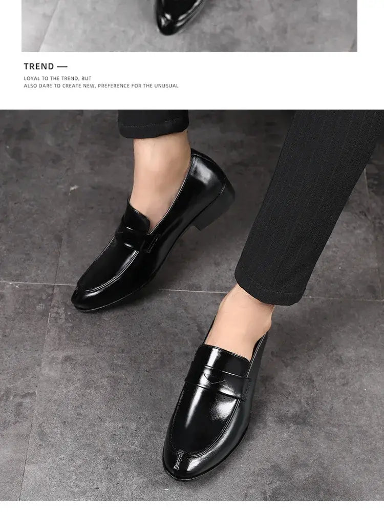 Black patent leather men leather business dress shoes with a pointed slip-on design and a sleek glossy finish.