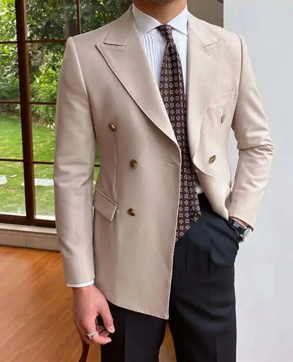 beige double breasted slim fit blazer jacket for men featuring gold toned buttons and subtle stitching details.