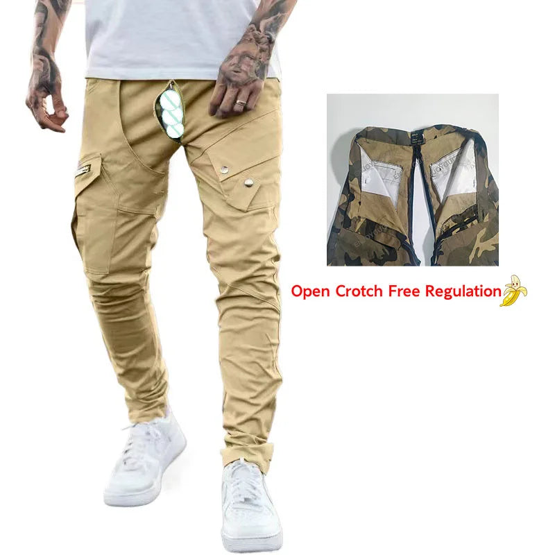 Outdoor Track Sweatpants Mens Open Crotch Casual Loose Plus Size Cargo Trousers Tactical Overalls Men Clothing Sex Streetwear