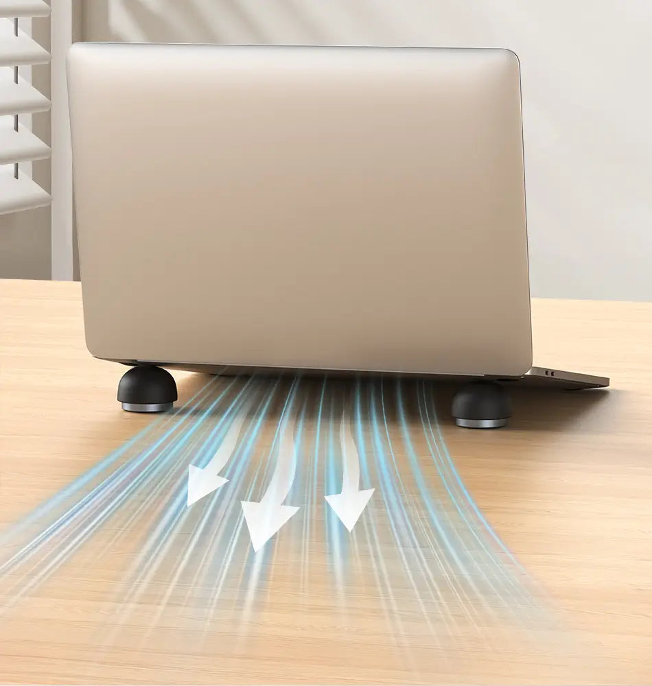 Beige Rocoren magnetic laptop stand and cooling holder elevated by black circular feet with airflow arrows illustrating its cooling function.