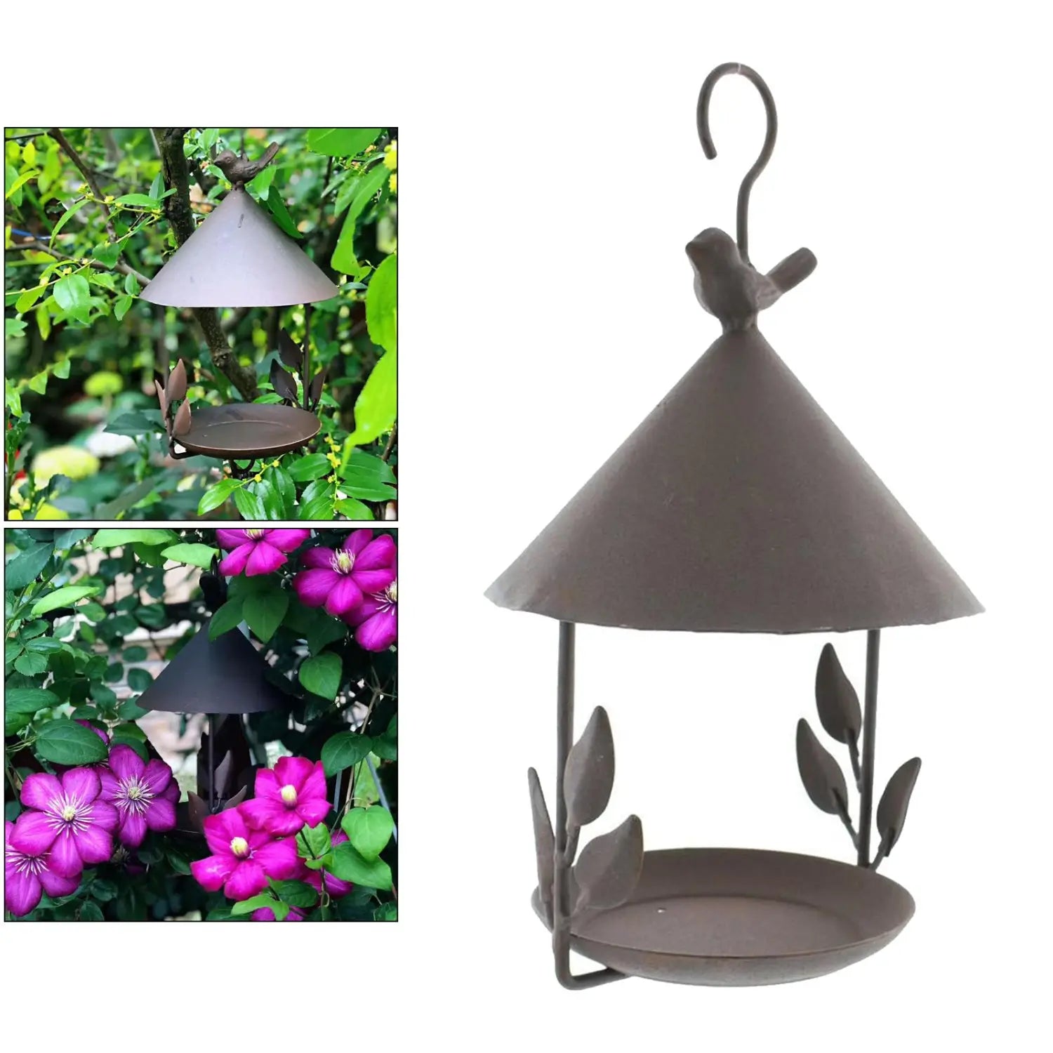 Feeder Hanging Pet Bird Feeder for Various Pet Birds Feeding Supplies Outdoor A dark gray metal bird feeder with a conical roof decorative leaf accents on the sides and a small perched bird figure at the top designed for garden outdoor hanging.