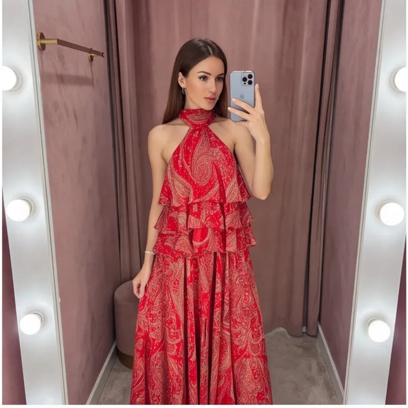 Elegant Chic Print Women Sets Comfortable Bow Halter Tops Belt Midi Skirts 2026 Summer Street Holiday Fashion Suits