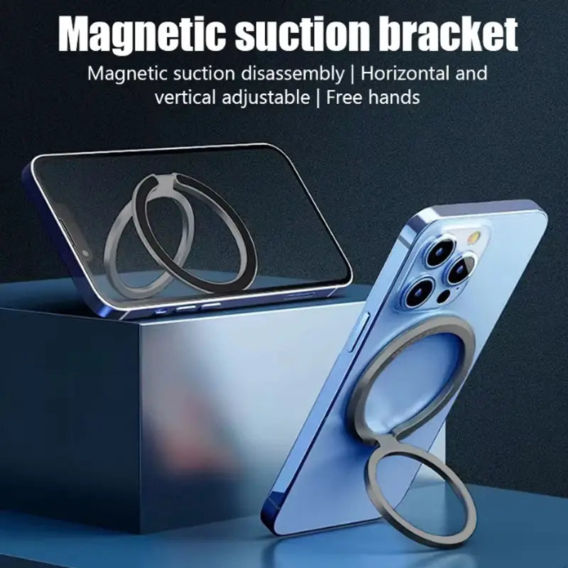 Anillo soporte magnético para teléfono plateado con un diseño minimalista y elegante, y agarre ajustable para una sujeción segura, compatible con MagSafe, mostrado desde el lado posterior.