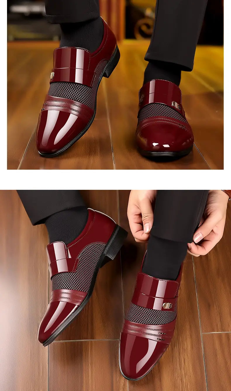 Zapatos de vestir de punta afilada de lujo para hombre en charol burdeos, con paneles de malla y acentos de hebilla metálica.
